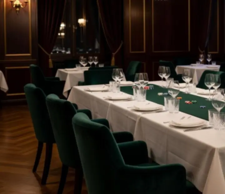 Elegáns éttermi környezet, prémium vacsora és pókerasztal meleg fényekkel